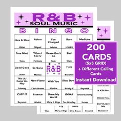 the r & b soul music card game is shown in purple and black with stars on it