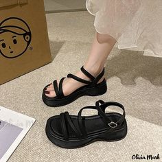 Olivia Mark - Stylish Thick-soled Sandals with Chunky Heels Flats Shoes Comfortable, Fashion Slides, Shoe Sole, Peep Toe Sandals, Comfortable Flats, Leather Flats, High Heel Sandals, Olivia Mark, Chunky Heels