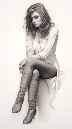 a pencil drawing of a woman sitting on top of a chair with her legs crossed