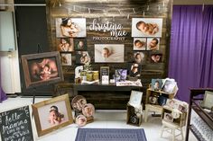 there are many pictures on display in this photo booth with purple drapes and string lights