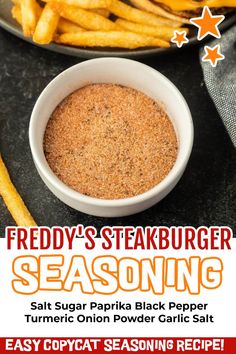 a poster for a restaurant with french fries and seasoning in a bowl on the table