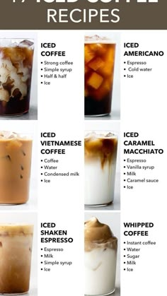 different types of iced coffee in glasses with the names and description on them, including ice cream