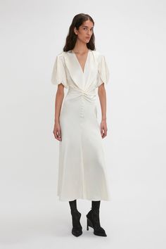 Gathered V-Neck Midi Dress In Ivory Lace Tights, Ruffle Midi Dress, Drape Sleeves, V Neck Midi Dress, Neck Ruffle, Midi Dresses, Asymmetric Hem, Long Length, Victoria Beckham