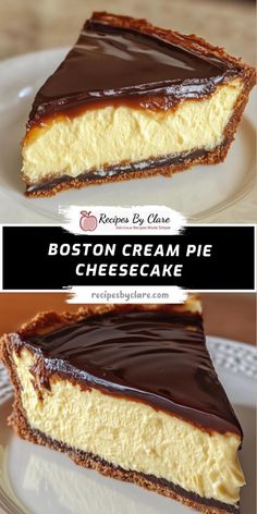 two pictures of boston cream pie on a plate