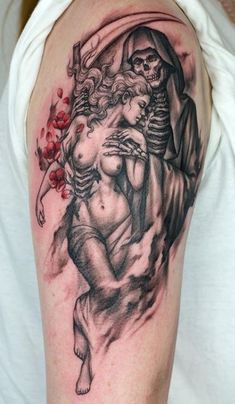 a woman with a skeleton tattoo on her arm