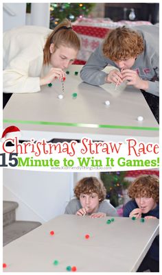 two children playing with christmas straw race game