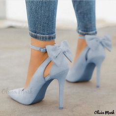 Olivia Mark - Bespoke Fashion Single Shoe adorned with Bow Detail and Buckled High Heels Winter Graduation, Graduation Heels, Heeled Slippers, Blue Bridal Shoes, Blue High Heels, Casual High Heels, Bespoke Fashion, Winter Ankle Boots, Blue Bridal