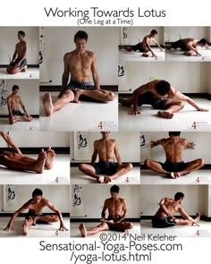 the man is doing yoga poses for his body and chest, while sitting on the floor