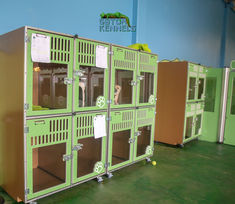 Double Stacked Kennels in a row (no longer available for purchase). The lime green gates have glass at the bottom for visualization into the kennels. They have slots at the top for ventilation. The built-in clipboard clips help keep track of the occupants' information. Dog Salon