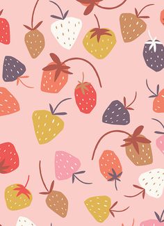 a pink background with strawberries and other fruit on it's sides, all in different colors