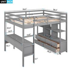 the bunk bed has drawers underneath it and is shown with measurements for each mattress size