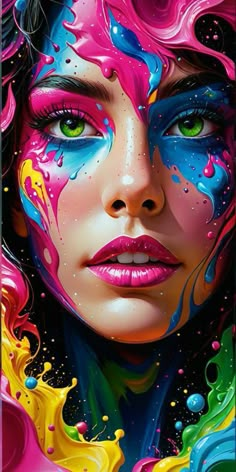 a woman's face painted in bright colors