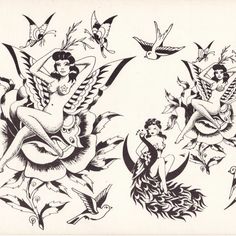 an old school tattoo design with women and birds