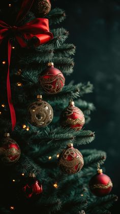 a christmas tree with red and gold ornaments