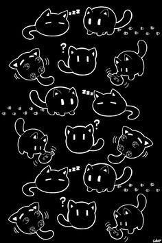 a bunch of cats that are drawn in white ink on black paper, with different shapes and sizes