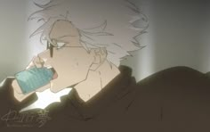 an anime character drinking from a cup with his eyes closed and hair blowing in the wind