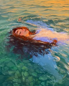 a painting of a woman floating in the ocean with her head above water's surface