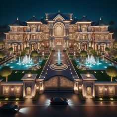 an elaborately designed mansion lit up at night with water fountain and cars parked in front