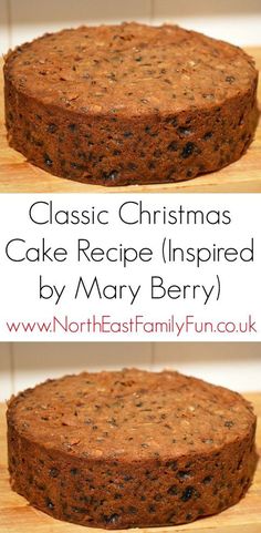 two pictures of a cake with chocolate chips on top and the words classic christmas cake recipe inspired by mary berry