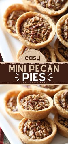 mini pecan pies on a white plate with the title overlay reading easy mini pecan pies