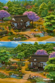 two pictures of a small house in the middle of some trees and bushes with purple flowers