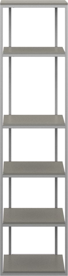 an empty shelf with four shelves on one side and two rows on the other, in front of a white background