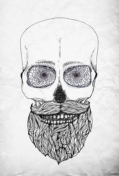 a black and white drawing of a skull with a beard