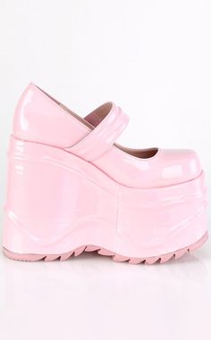 WAVE-32 Platform Wedge Mary Janes | Baby Pink Holo-Demonia-Tragic Beautiful Demonia Boots, Pink Holographic, Demonia Shoes, Pink Platforms, Japan Woman, Make Waves, Platform Mary Janes, Festival Looks, Style Noir