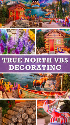 there are many different pictures with the words true north vbs decorating on them