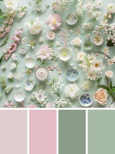 the color scheme is pale, pink and green with white flowers on it's side