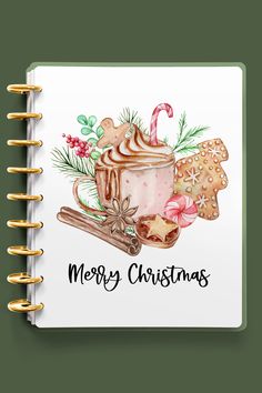 a christmas card with a cup of hot chocolate, cookies and candy canes on it