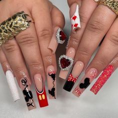 Mickey Mouse Nail Design Ideas, Mickey And Minnie Mouse Nail Art, Disney Acrylic Nails Minnie Mouse, Minnie And Mickey Nail Designs, Disney Acrylic Nails Princesses, Red Minnie Mouse Nails, Minnie Mouse Valentines Nails, Nicky Mouse Nails, Mickey Mouse Birthday Nails