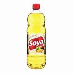 soy oil bottle with red cap and lid on white background, contains no added sugar