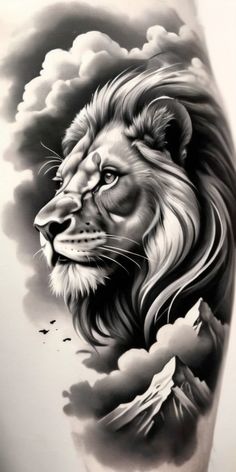 a black and white photo of a lion with clouds in the sky behind it's head