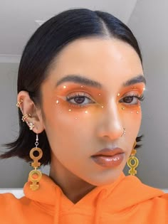 Jewel Makeup, Sup Girl, Rhinestone Makeup, Orange Makeup, Rave Makeup, Unique Makeup, Edgy Makeup