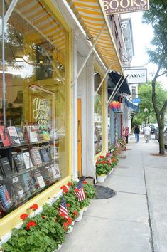 the sidewalk is lined with flower boxes and books