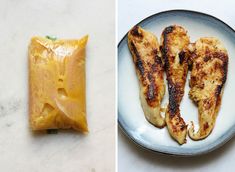 two pictures side by side, one with chicken and the other with cheese on it