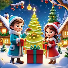 a boy and girl opening presents in front of a christmas tree with lights on it