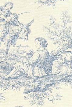 a blue and white drawing of an angel sitting on top of a horse next to a woman