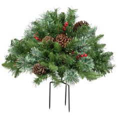 a christmas tree with pine cones and red berries on it's branches is shown in front of a white background