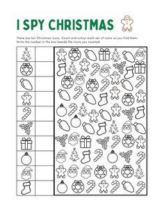 a christmas themed worksheet for kids to learn how to spell the word i spy christmas