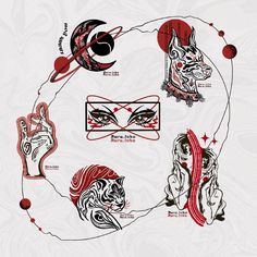 an image of a circle with cats and moon designs on it's sides, in red and black