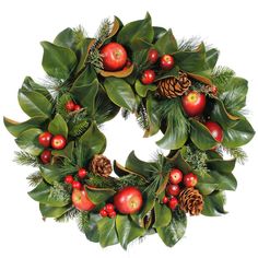 a christmas wreath with pine cones, holly leaves and red berries on white back ground