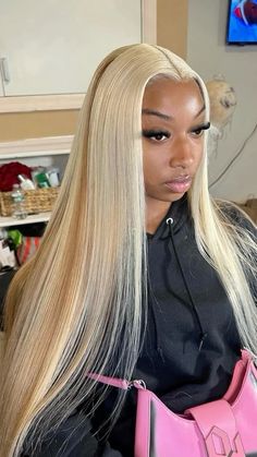 Blonde hair | blonde hair with highlights | middle part | frontal wig | blonde hd lace | 613 wig | 613 colour | Blonde Weave Hairstyles For Black Women, 2 Toned Blonde Hair, 316 Blonde Wig, Blond Lace Front Wig Black Women, 613 Buss Down Middle Part, Blonde Leave Out, Blond Frontal Wig, 613 Middle Part Buss Down, Blonde Closure Sew In