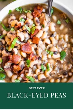 a white bowl filled with black - eyed peas and bacon