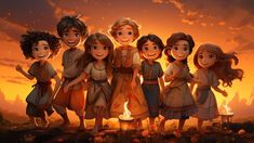 a group of children standing next to each other in front of an orange and yellow sky