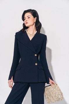 Utah Assymetric Collar Suiting Jacket  - Mean BLVD Button Stitch, Oversized Blazers, Elegant Outfit Classy, Elegant Blazers, Mean Blvd, Crepe Top, Royal Outfits, Blazer Designs, Work Outfits Women