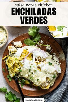 an enchiladas verdes on a plate with cilantro and onions