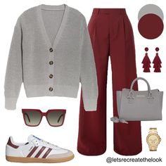 Burgundy Trousers - 10 Outfit Ideas 🐙 Here are 10 more colors that pair well with burgundy! Which is your favorite? As fall approaches it’s time to break out our sweaters. Instead of just pairing them with jeans, here’s a reminder that wide leg trousers are a more elevated option but just as comfortable! So for an elevated casual look, try pairing your sweaters with your trousers! You can still wear your sneakers with them! 😉 So save this post for style inspiration and look in your closet to... Dark Red Pants Outfit Work, Dark Red Pants Outfit, Burgundy And Pink Outfit, How To Style Red Pants, Outfit With Red Pants