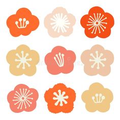 six different flower shapes in orange, pink and yellow colors on a white background royalty illustration